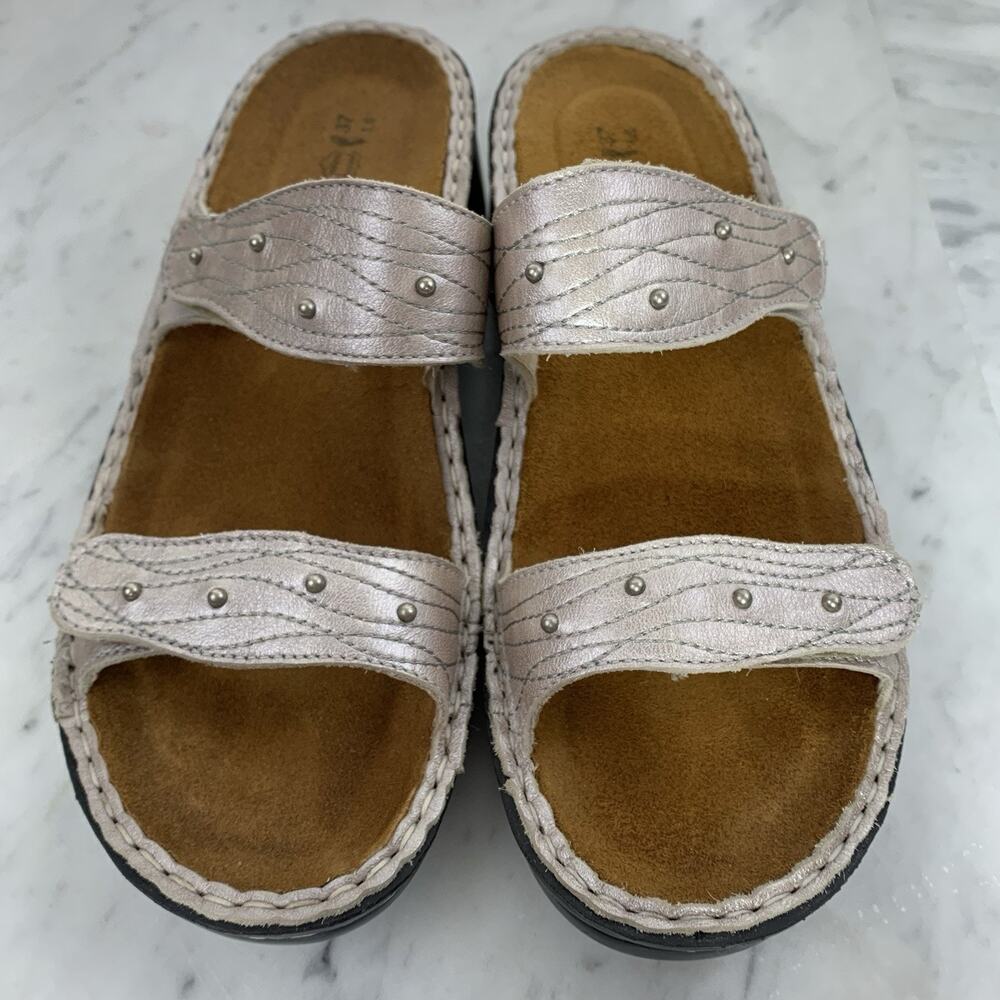 NAOT Double Strap Sandals Women EU 37 US 6-6.5 Metallic Beige Gray Slip-On EUC
